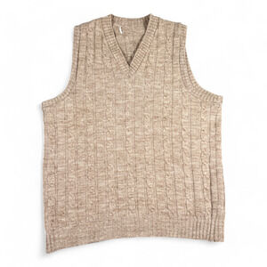 Vintage Sweater Vest Adult LARGE Brown Tan Cable Knit V Neck Oatmeal 80s
